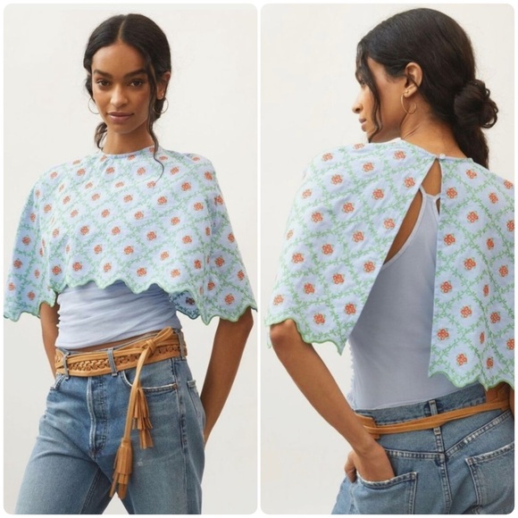 Anthropologie Jackets & Blazers - Nwt Far Away Anthropologie Embroidered Cape Blue Floral OS